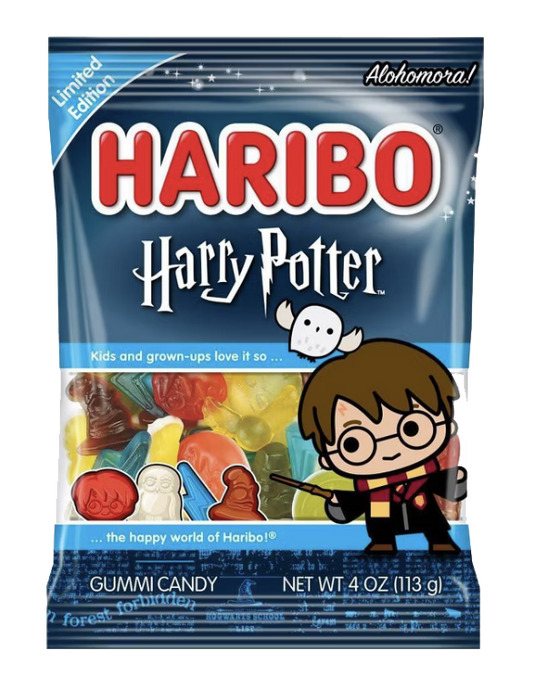 Dark blue HARIBO Harry Potter bag with character-shaped gummies and a Harry Potter illustration.