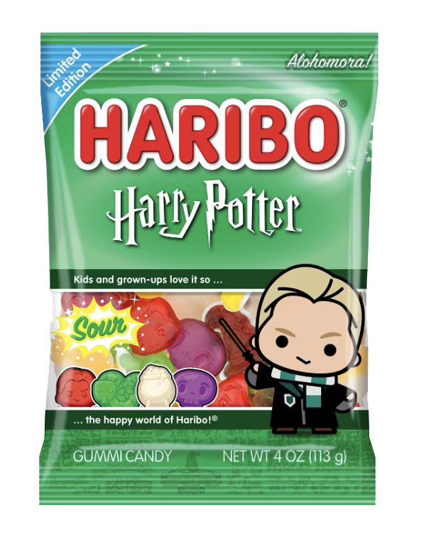 Green HARIBO Harry Potter Sour bag with character-shaped gummies and a Draco Malfoy illust