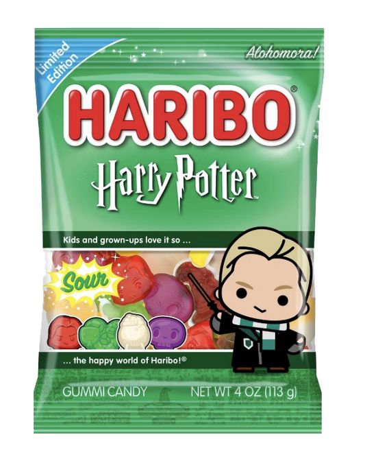 Green HARIBO Harry Potter Sour bag with character-shaped gummies and a Draco Malfoy illust