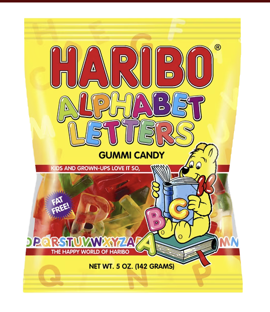 Yellow HARIBO Alphabet Letters bag showing colorful letter-shaped gummies.