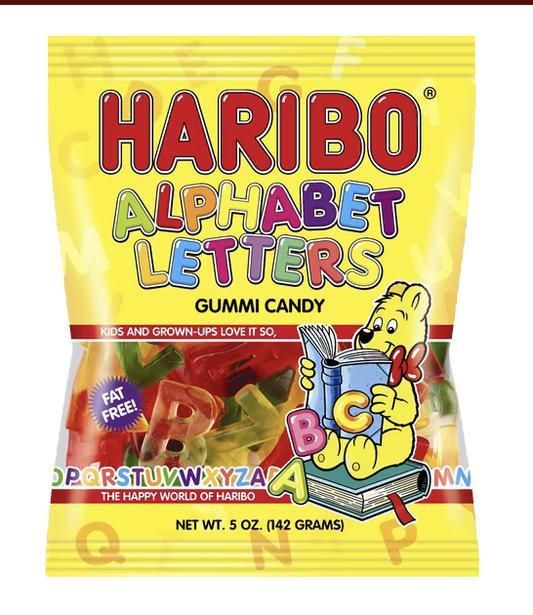 Yellow HARIBO Alphabet Letters bag showing colorful letter-shaped gummies.