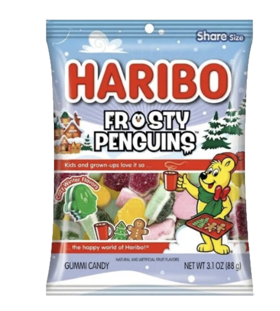 Haribo Frosty Penguins gummy candy in a 3.1-ounce share-size bag.