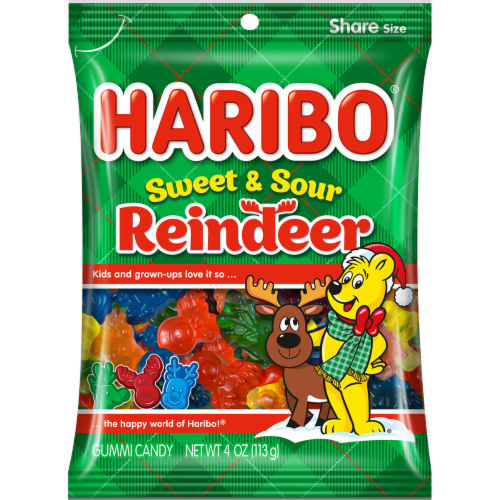 Haribo Sweet and Sour Reindeer gummy candy in a green 4-ounce holiday bag.