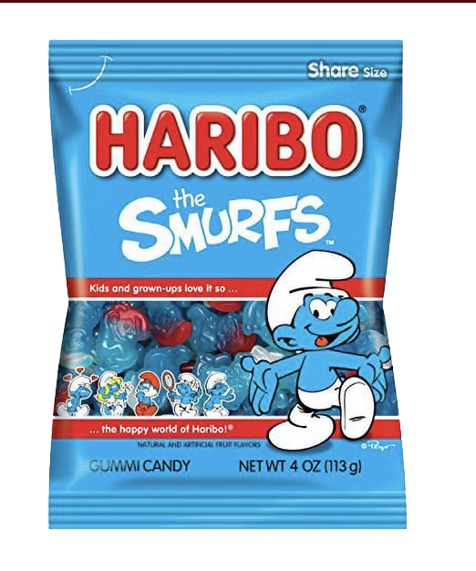 Blue HARIBO The Smurfs bag with blue and red gummies visible through its window.