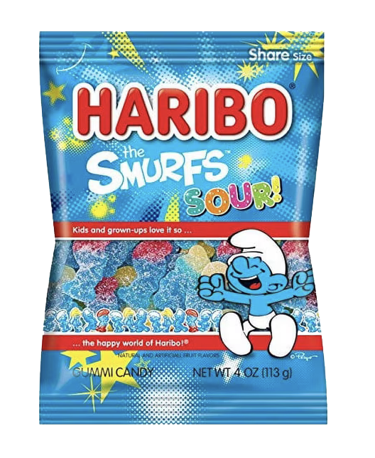 Blue HARIBO The Smurfs Sour bag with sugar-coated Smurf-shaped gummies visible through its window.