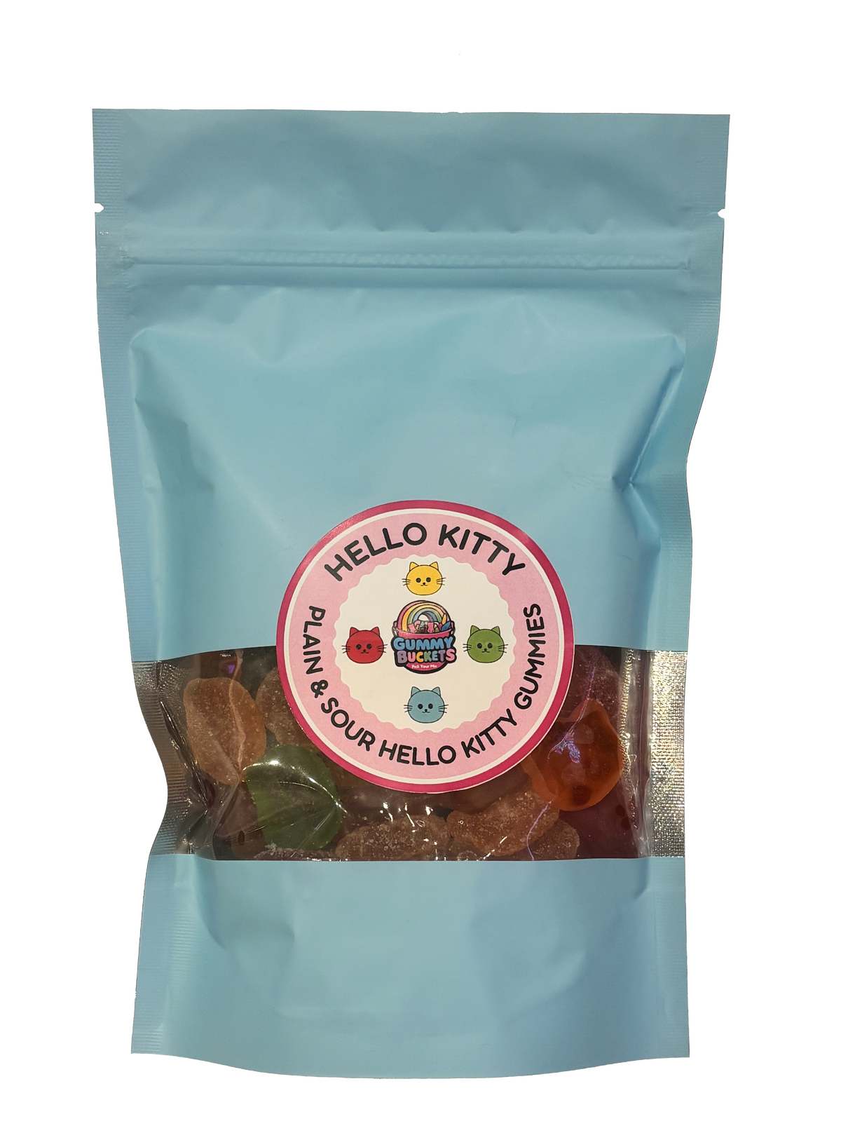 A light blue resealable stand-up pouch with a clear window showing large Hello Kitty-shaped gummy candies in red, orange, yellow, and green inside. A round pink label on the front reads 'HELLO KITTY' and 'PLAIN & SOUR HELLO KITTY GUMMIES' with the Gummy Buckets logo surrounded by illustrated colorful Hello Kitty cat face icons in the center.