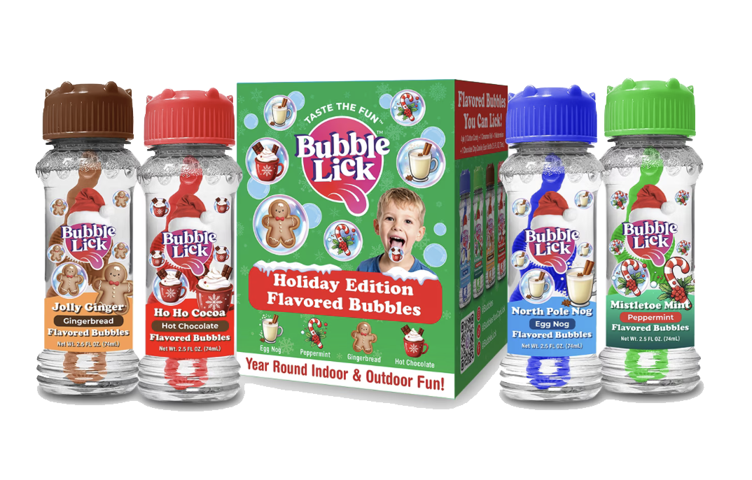 BubbleLick holiday flavored bubbles in gingerbread, hot chocolate, egg nog, and peppermint varieties.