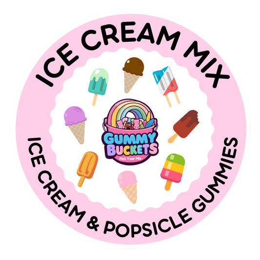 A circular pink and white graphic for Gummy Buckets Ice Cream & Popsicle Gummies, featuring the brand logo in the center surrounded by cartoon ice cream cones, popsicles, and a rainbow, with the text 'ICE CREAM MIX' and 'ICE CREAM & POPSICLE GUMMIES' on a white background.