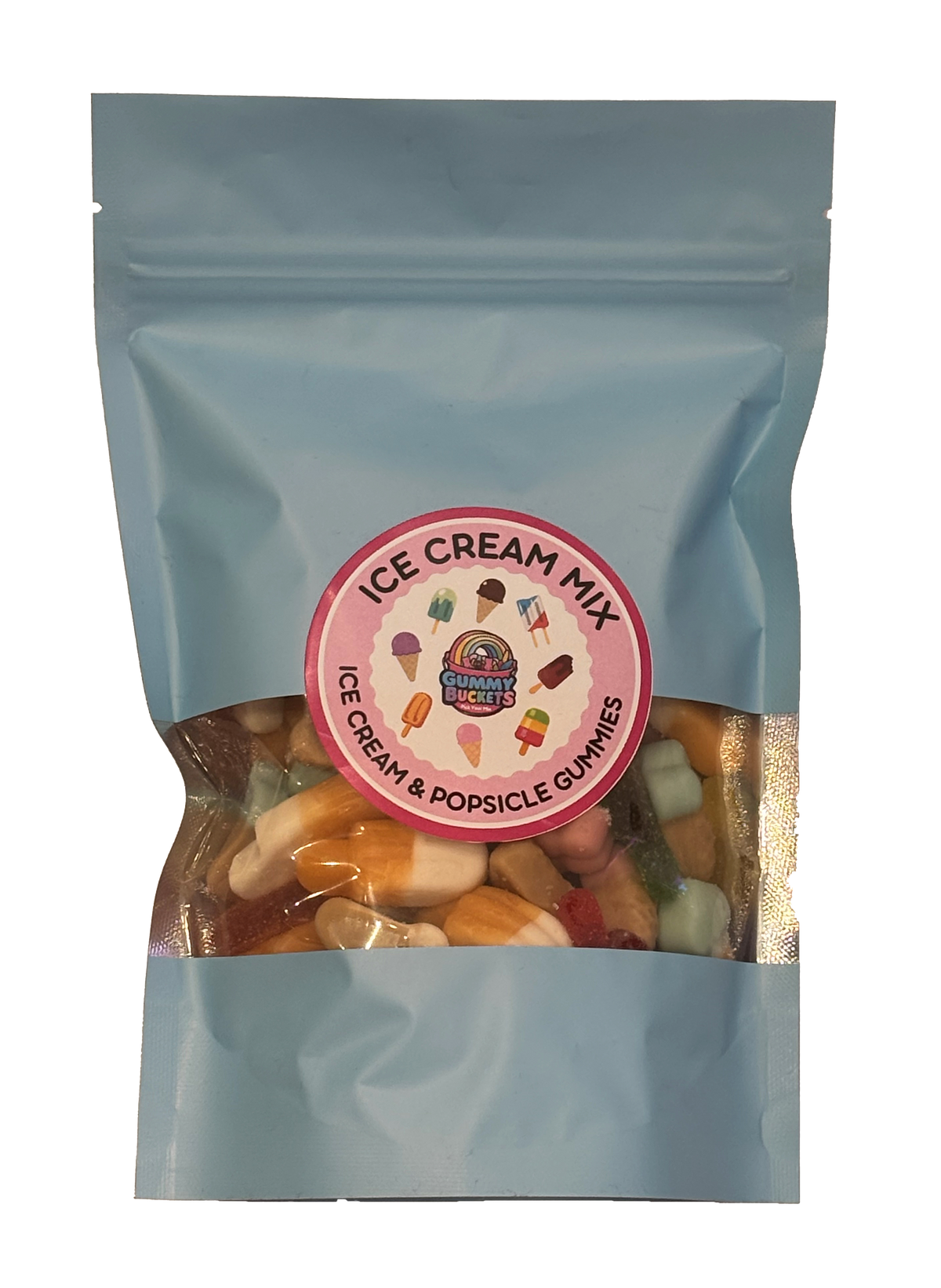 A light blue resealable stand-up pouch of 'Ice Cream Mix' gummies, featuring a circular pink label in the center and a clear window showing the assorted gummies inside.