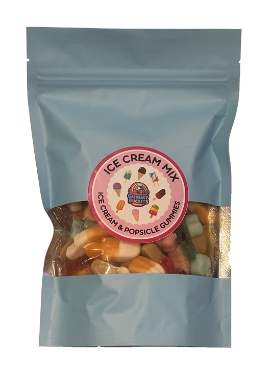 A light blue resealable stand-up pouch of 'Ice Cream Mix' gummies, featuring a circular pink label in the center and a clear window showing the assorted gummies inside.