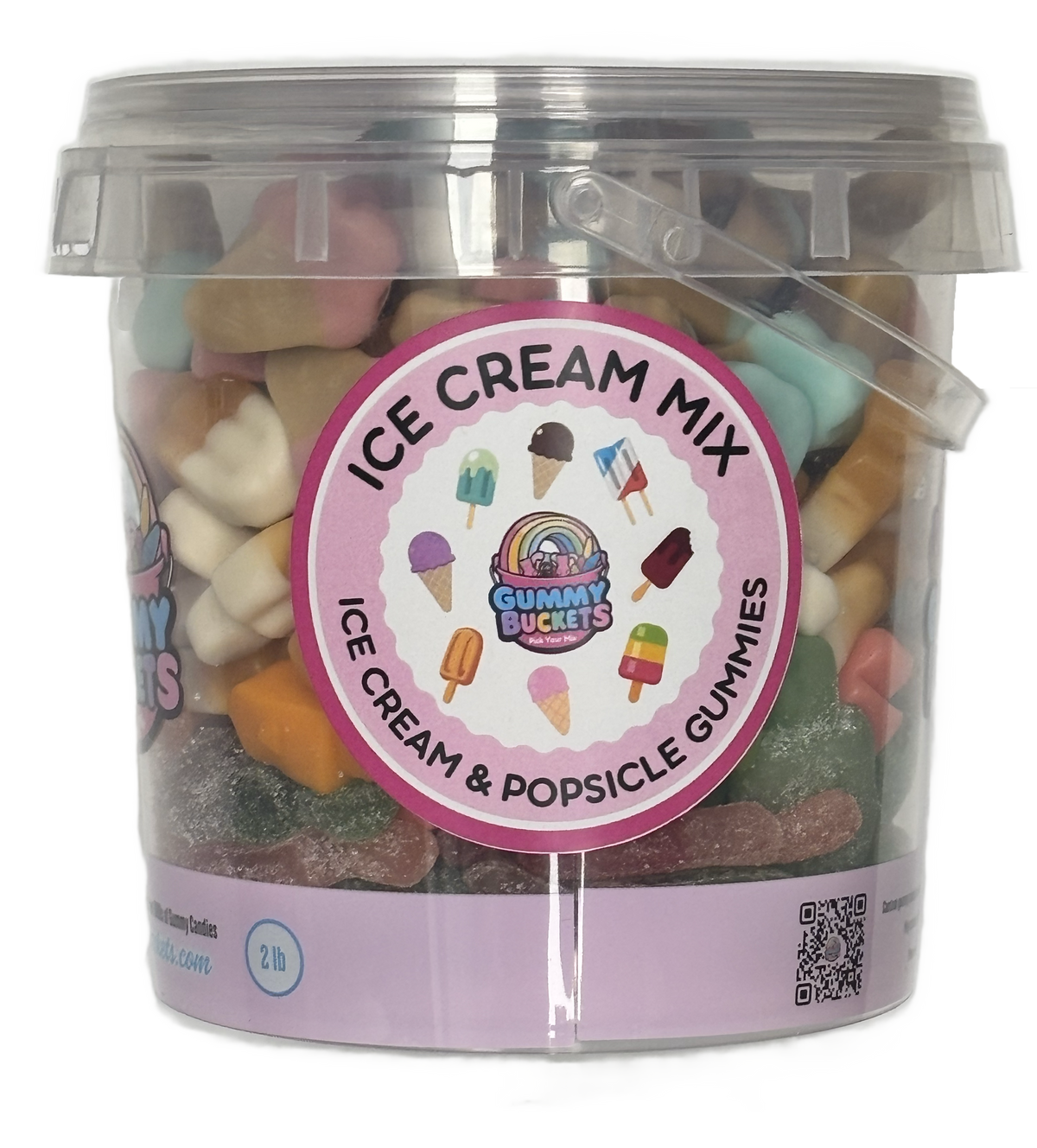A clear plastic bucket filled with assorted colorful gummy candies and popsicle-shaped gummies, with a large round label reading 'ICE CREAM MIX' and 'GUMMY BUCKETS' on the front.