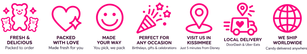A horizontal banner of pink icons with text on a white background, featuring Disney-themed shipping and gift service claims such as 'Fresh & Delicious,' 'Packed with Love,' 'Made with Joy,' 'Perfect for Any Occasion,' 'Visit Us in Kissimmee,' 'Local Delivery,' and 'We Ship Worldwide.'.