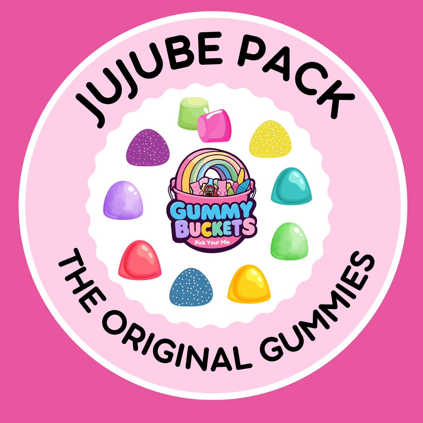 JuJube Pack Gummy Buckets logo on a pink background