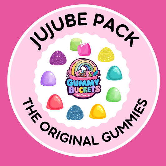 JuJube Pack Gummy Buckets logo on a pink background