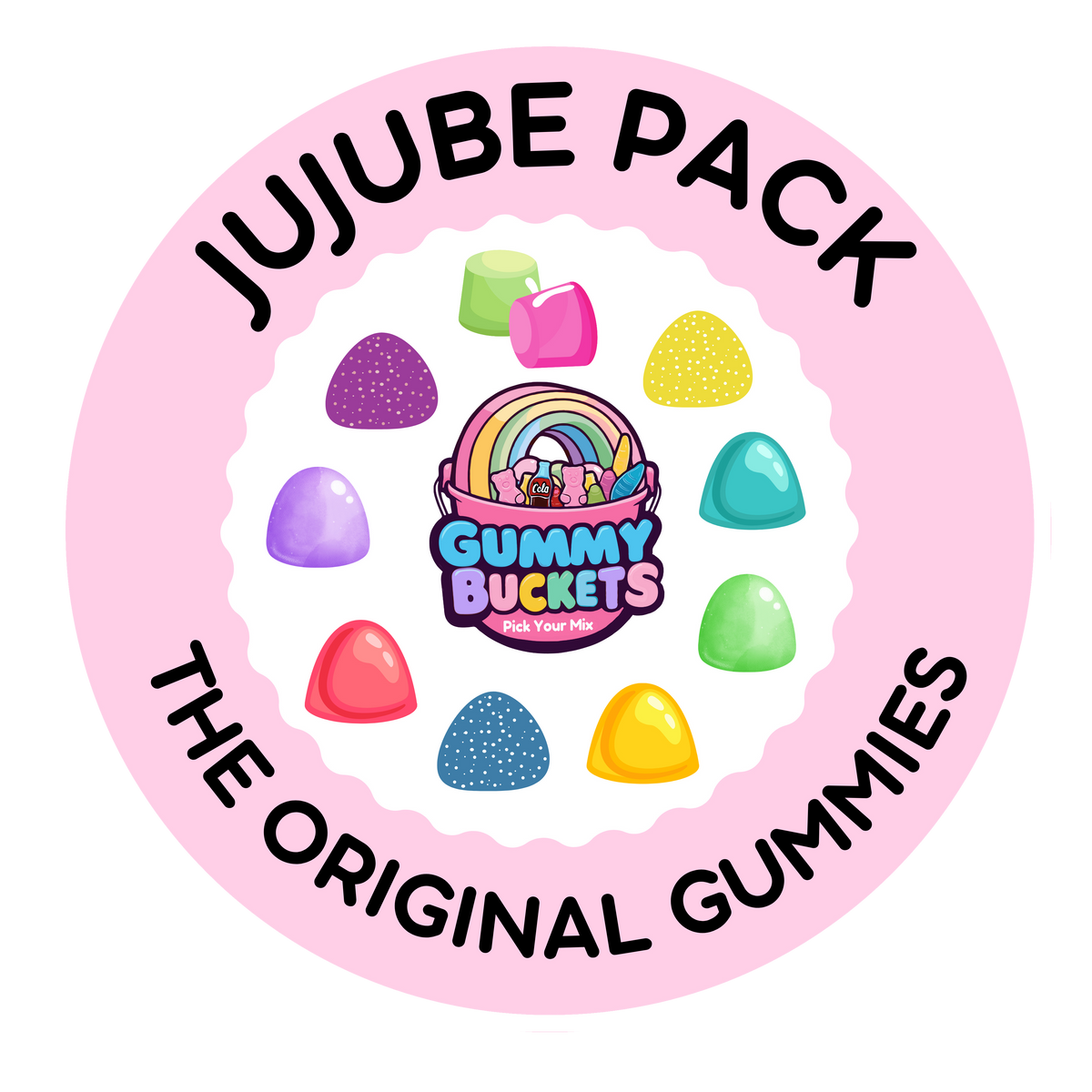 A circular pink label or packaging graphic for a 'Jujube Pack' by Gummy Bucketz. The design features a light pink background with a scalloped white inner border, bold black text reading 'JUJUBE PACK' at the top and 'THE ORIGINAL GUMMIES' at the bottom, and an illustration of colorful jelly beans surrounding the brand logo.