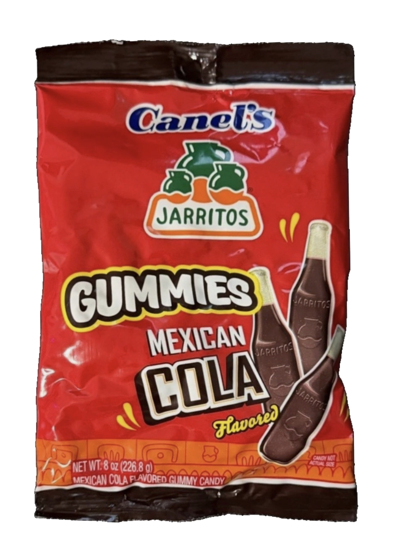 Jarritos Mexican Cola gummies bag with cola bottle illustrations.