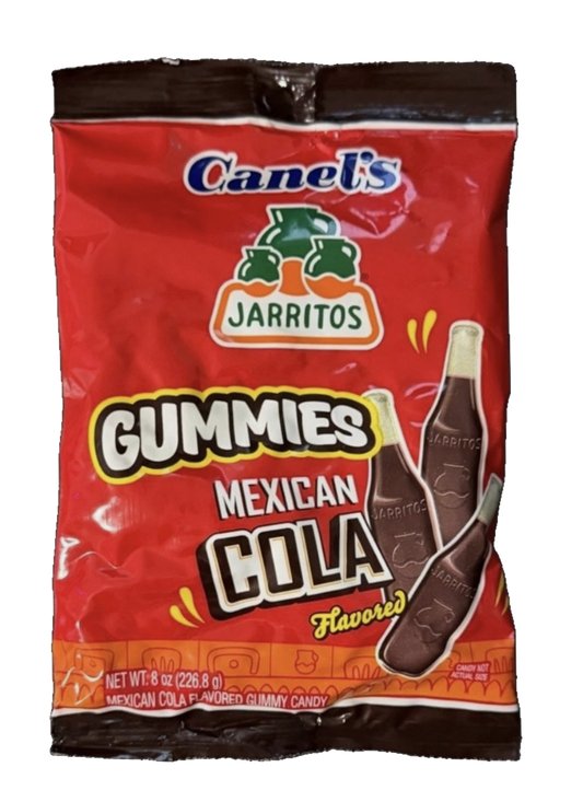Jarritos Mexican Cola gummies bag with cola bottle illustrations.