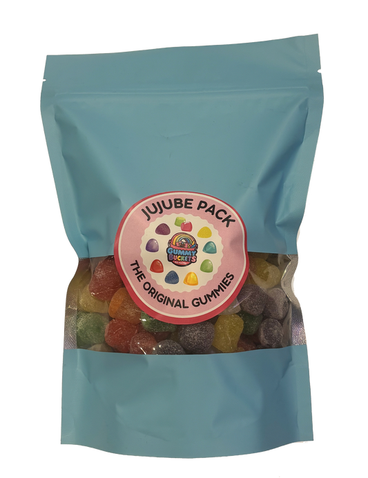 A light blue stand-up pouch of Jelly Babies Jujube Pack gummy candies, with a clear window showing the colorful gummies inside.