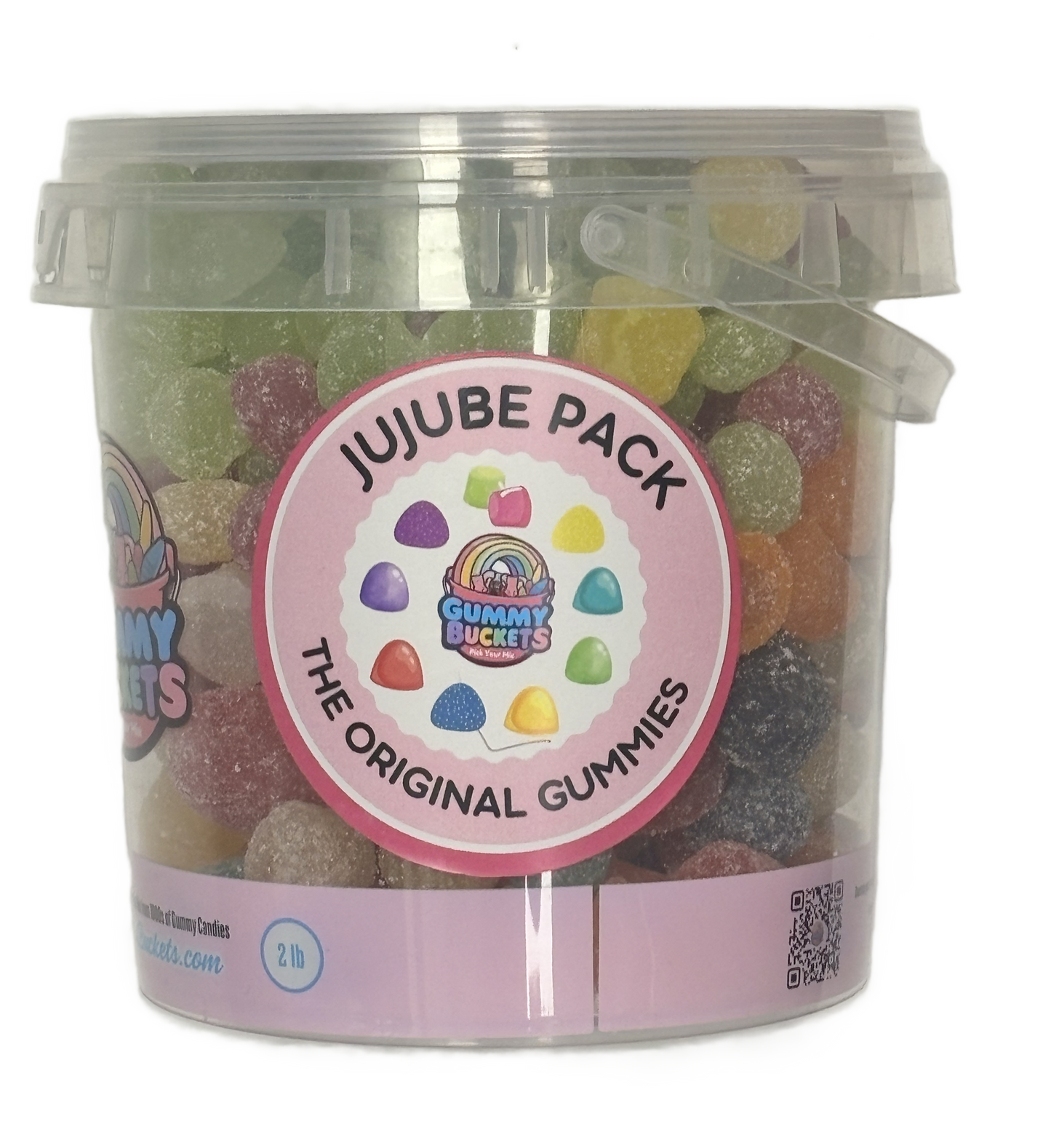 A 2 lb clear plastic bucket filled with assorted colorful Jujube Pack gummy candies, featuring a pink circular label with the brand 'Gummy Buckets'.