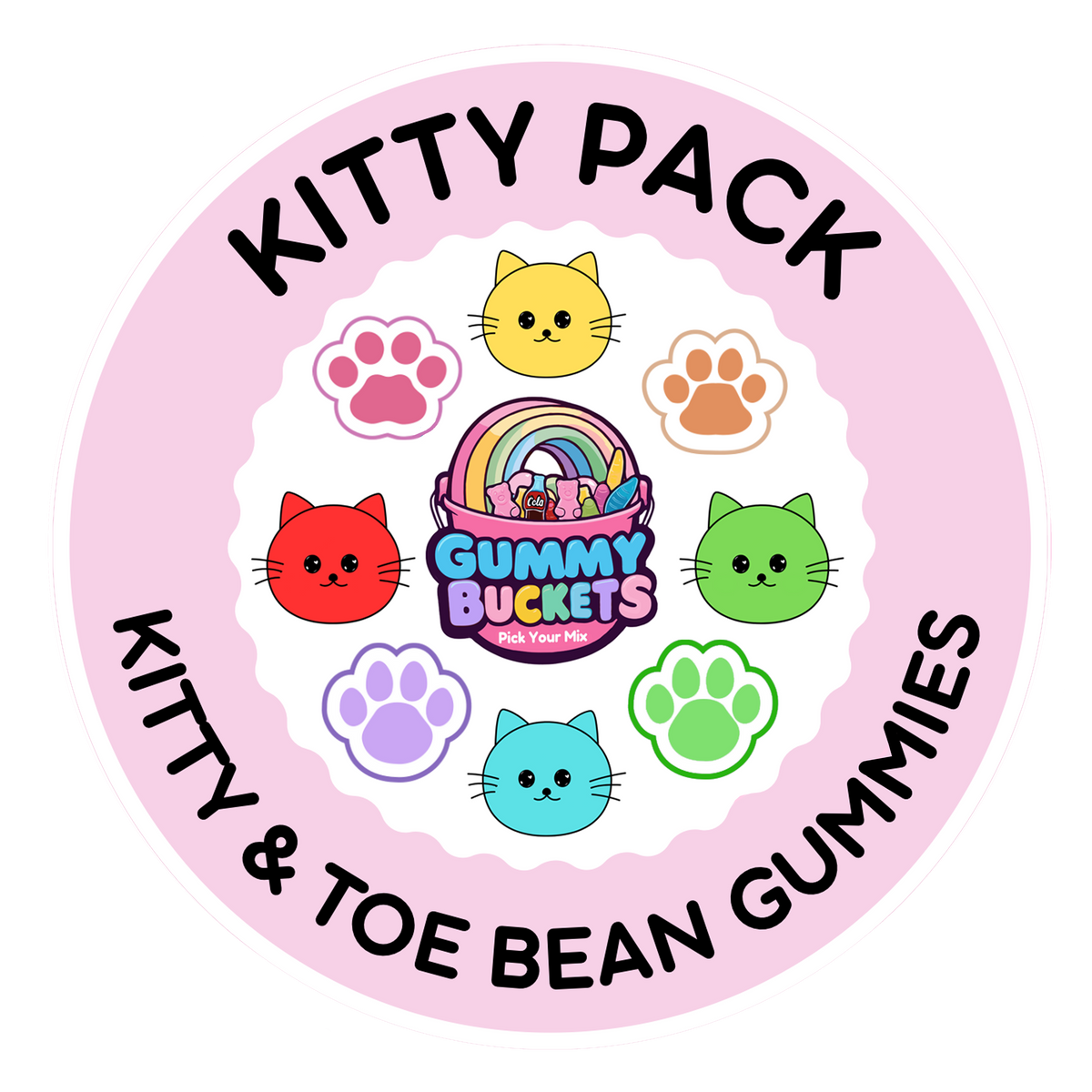 A circular pink label or package design for a 'Kitty Pack' featuring cartoon cat and paw print graphics around the text 'KITTY PACK' and 'KITTY & TOE BEAN GUMMIES' with a central 'Gummy Buckets' logo.