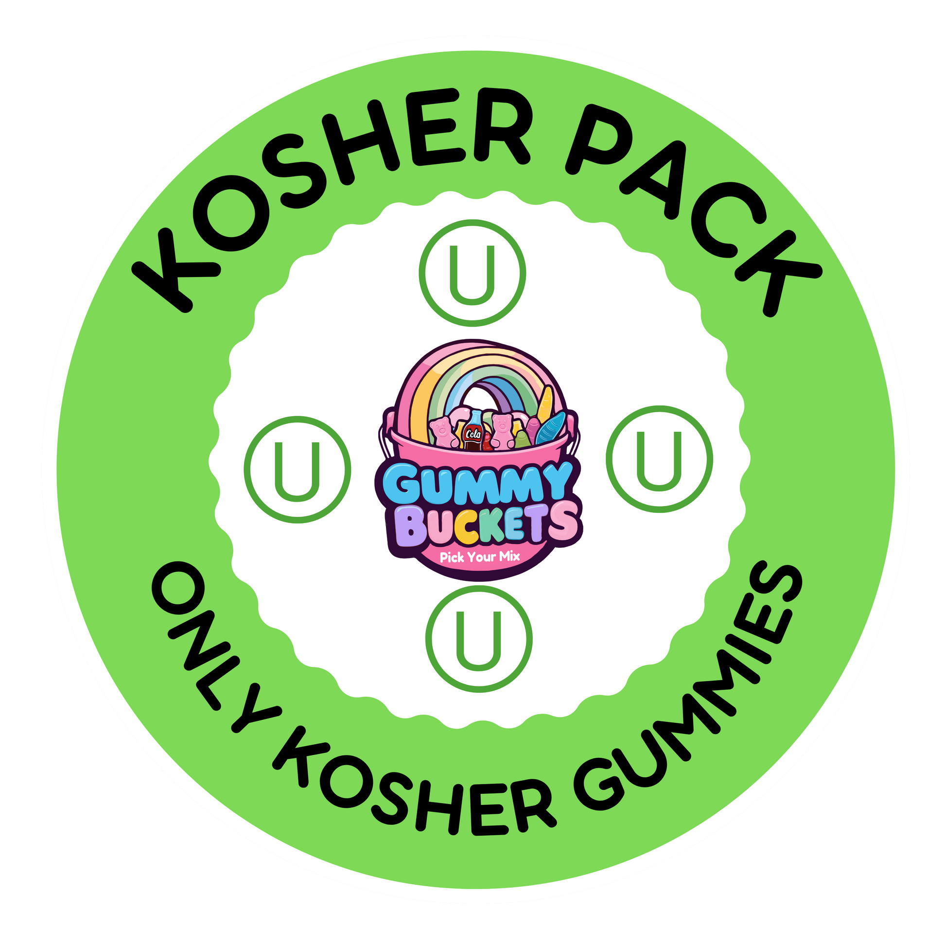 A circular green and white sticker or label reading 'KOSHER PACK' and 'ONLY KOSHER GUMMIES' with the Gummy Buckets logo in the center, on a plain white background.