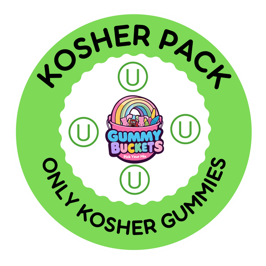 A circular green and white sticker or label reading 'KOSHER PACK' and 'ONLY KOSHER GUMMIES' with the Gummy Buckets logo in the center, on a plain white background.