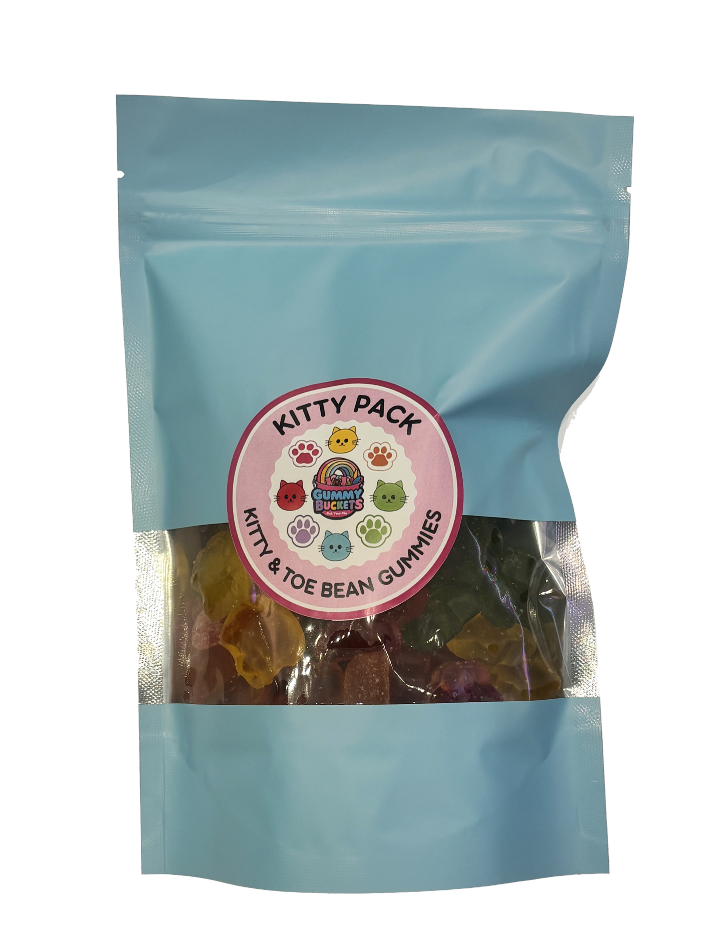 A light blue stand-up pouch of Kitty & Toe Bean Gummies, featuring a circular pink and white label on the front with cute cat illustrations and the text 'KITTY PACK'.