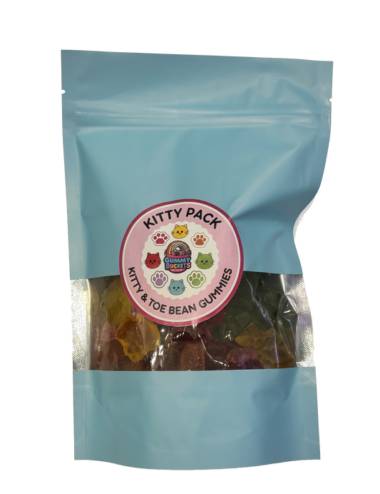 A light blue stand-up pouch of Kitty & Toe Bean Gummies, featuring a circular pink and white label on the front with cute cat illustrations and the text 'KITTY PACK'.