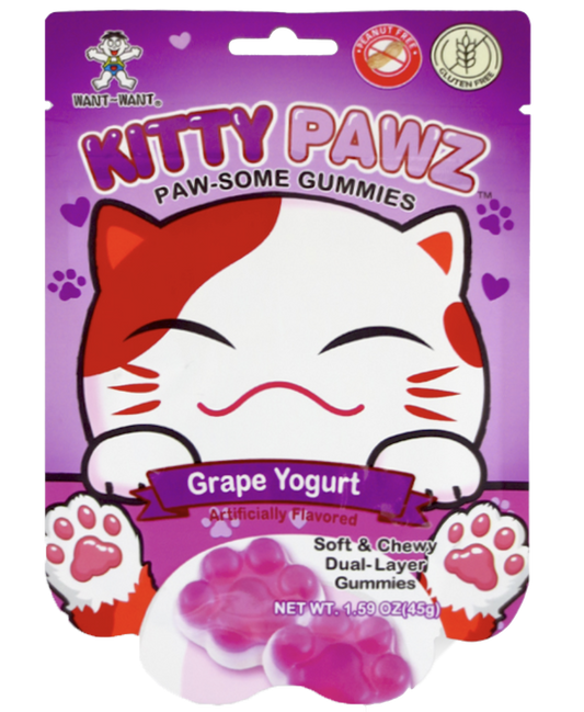Mant-Mant Kitty Pawz Grape Yogurt flavored soft and chewy dual-layer gummies in a purple hanging bag with a cartoon cat face and paw prints.