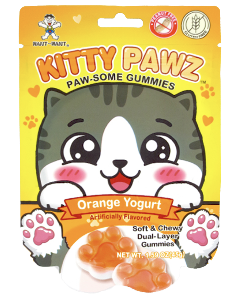 Mant-Mant Kitty Pawz Orange Yogurt flavored soft and chewy dual-layer gummies in a purple hanging bag with a cartoon cat face and paw prints.