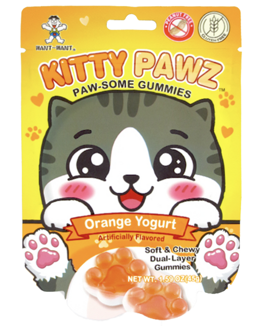 Mant-Mant Kitty Pawz Orange Yogurt flavored soft and chewy dual-layer gummies in a purple hanging bag with a cartoon cat face and paw prints.