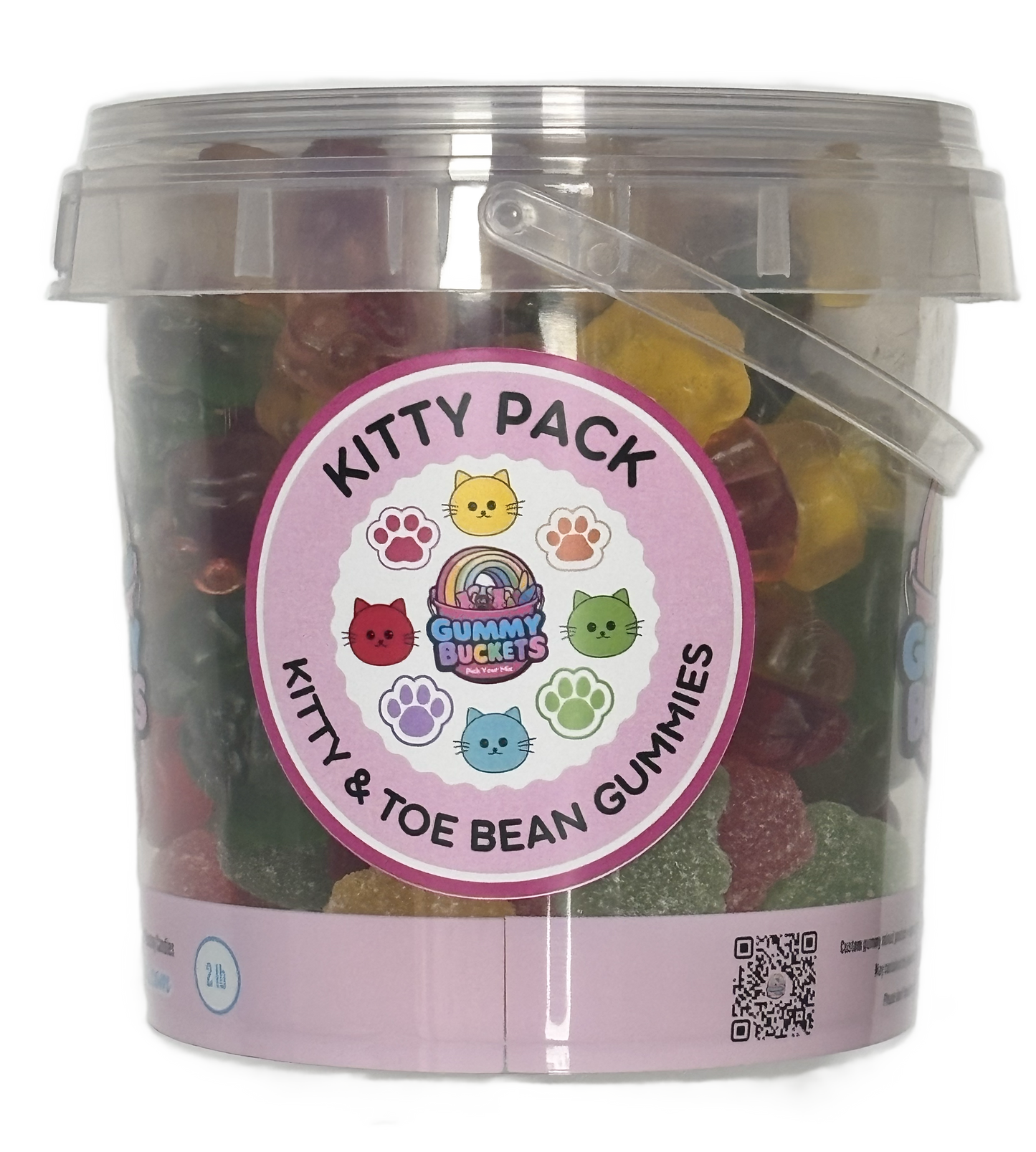 A clear plastic tub filled with assorted gummy candies, featuring a round pink label that reads 'KITTY PACK' and 'KITTY & TOE BEAN GUMMIES' with colorful cat and paw print illustrations. The tub has a clear lid and handle, photographed on a white background.