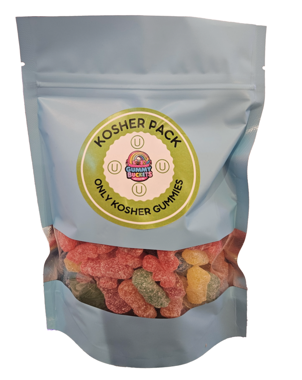 A stand-up resealable pouch of Gummy Snackers Kosher Pack gummies. The packaging is light blue with a large circular green and white label on the front.