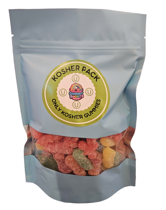 A stand-up resealable pouch of Gummy Snackers Kosher Pack gummies. The packaging is light blue with a large circular green and white label on the front.