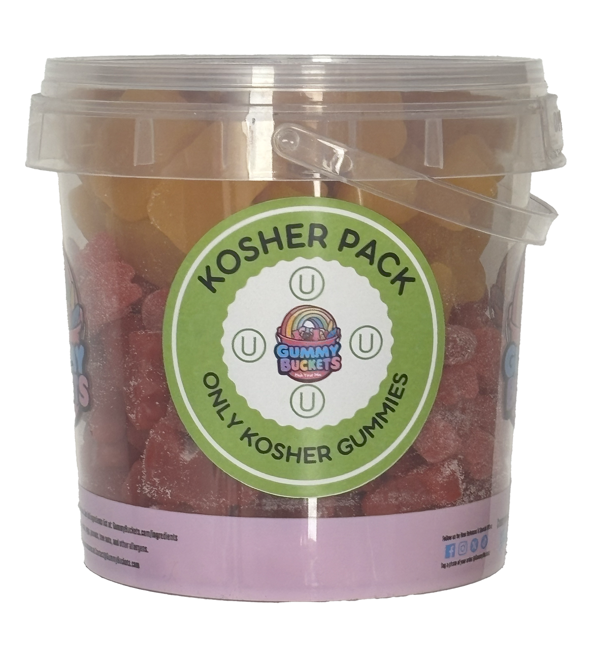 A clear plastic bucket filled with assorted Kosher gummies, featuring a prominent green and white circular label that reads 'KOSHER PACK ONLY KOSHER GUMMIES' with the Gummy Buckets logo in the center.