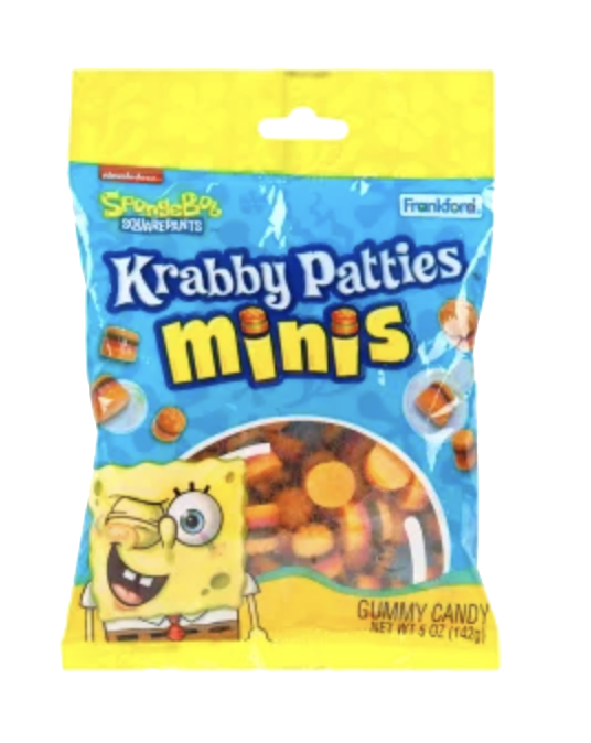 SpongeBob SquarePants mini Krabby Patties gummy candy packaging.