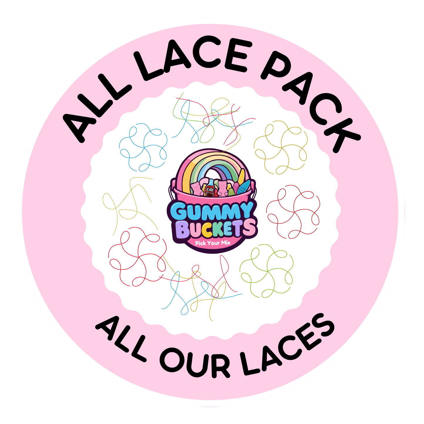 A circular pink graphic with the text 'ALL LACE PACK' at the top and 'ALL OUR LACES' at the bottom. In the center is the Gummy Bubbles logo with a rainbow and pink bow, surrounded by small multicolored scribble doodles on a white background.