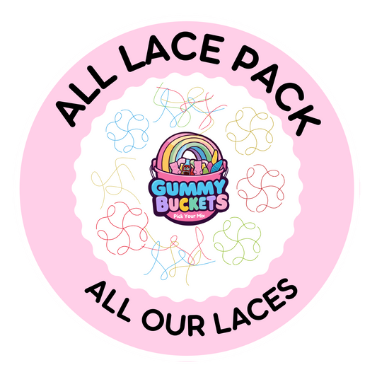 A circular pink graphic with the text 'ALL LACE PACK' at the top and 'ALL OUR LACES' at the bottom. In the center is the Gummy Bubbles logo with a rainbow and pink bow, surrounded by small multicolored scribble doodles on a white background.
