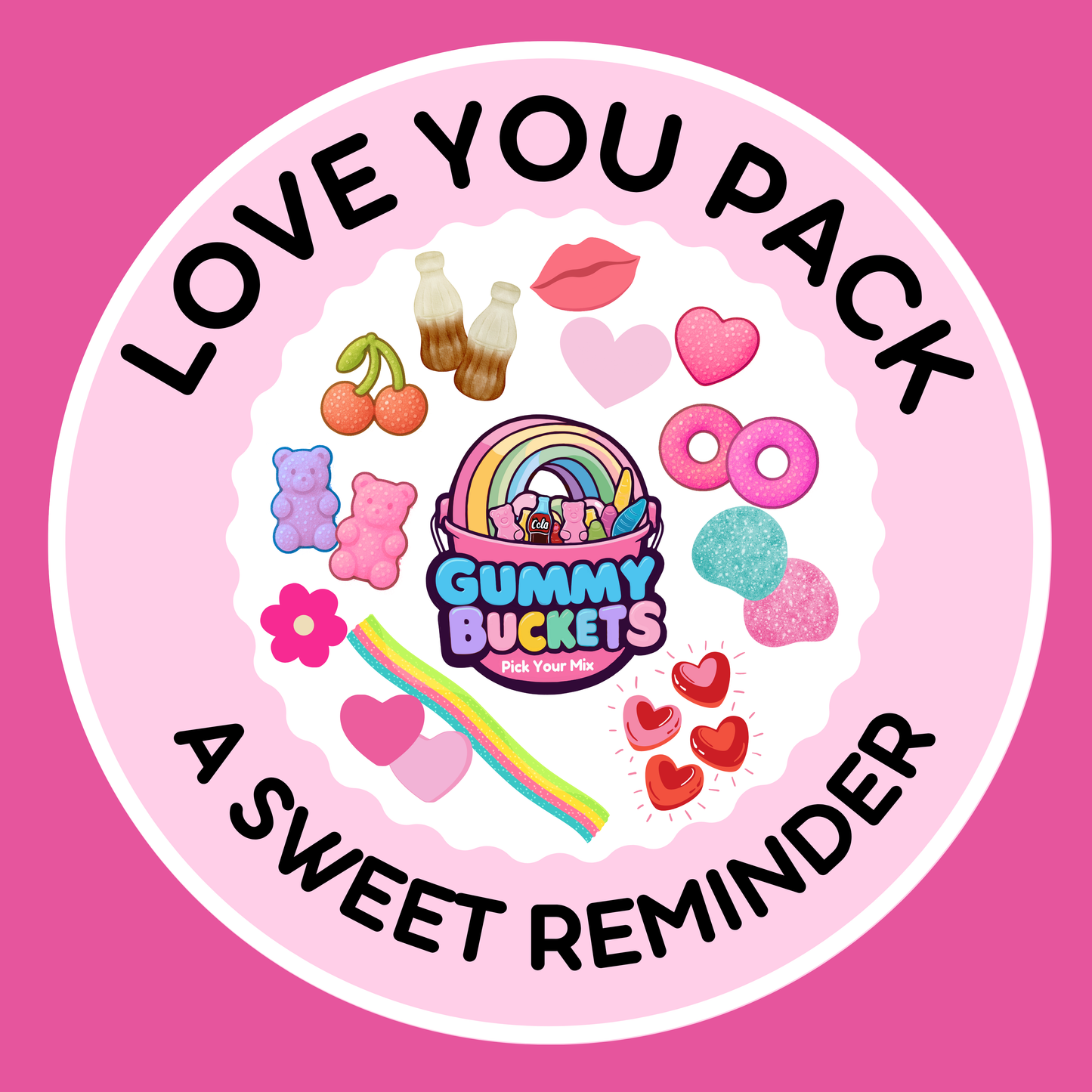 Gummy Buckets logo with colorful graphics on a pink background