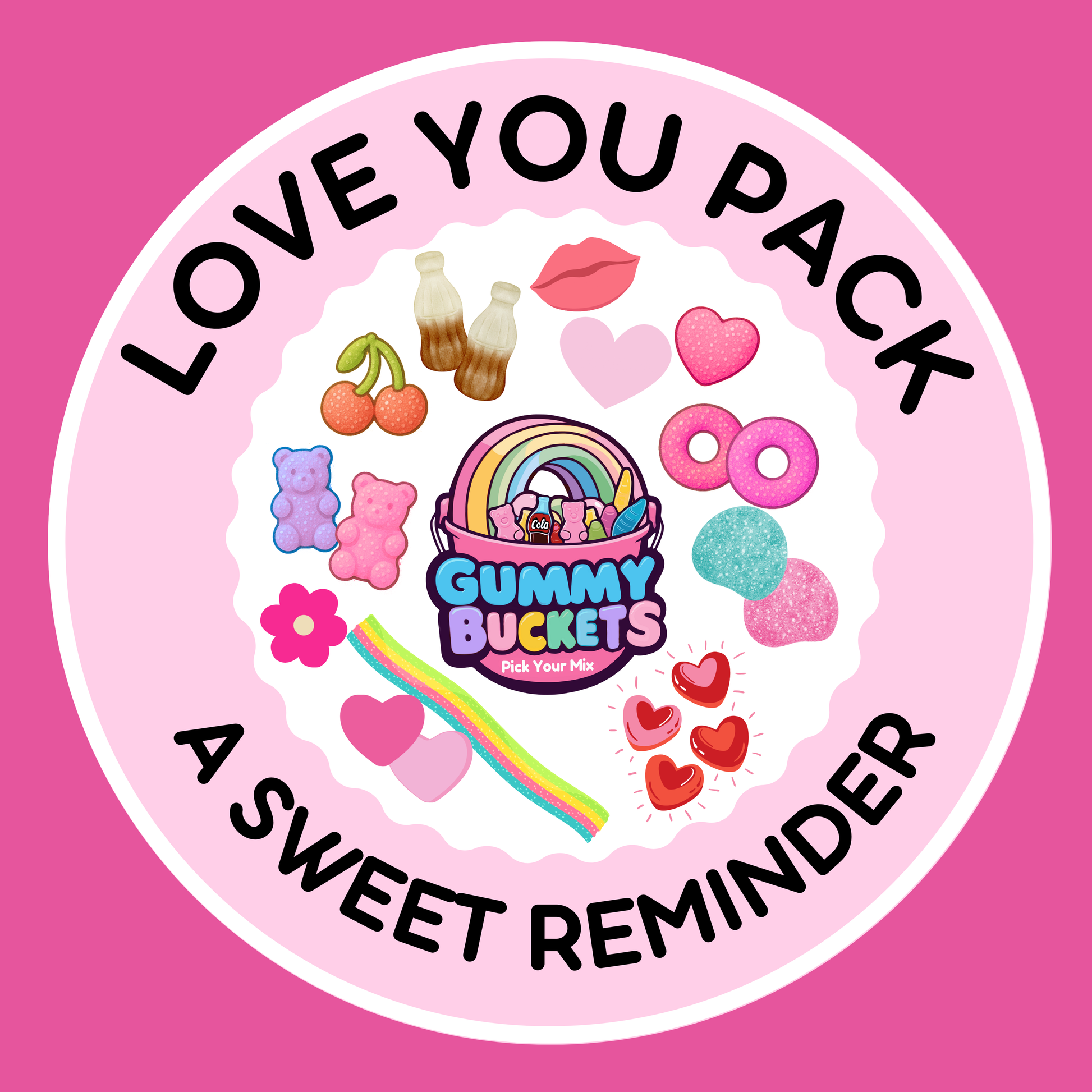 Gummy Buckets logo with colorful graphics on a pink background