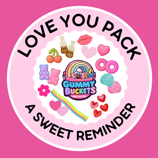 Gummy Buckets logo with colorful graphics on a pink background