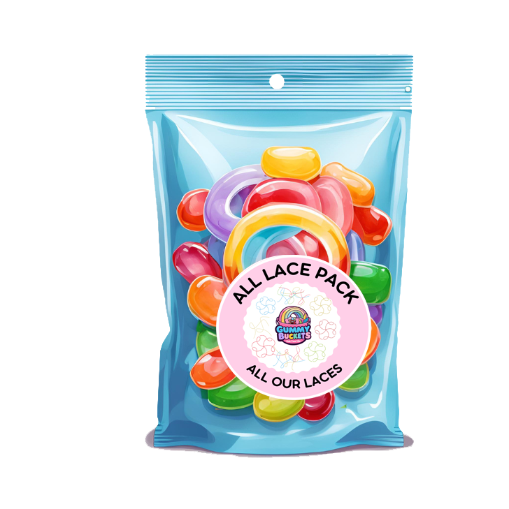 Packaged colorful laces with a blue transparent bag on a white background