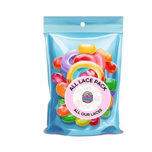 Packaged colorful laces with a blue transparent bag on a white background