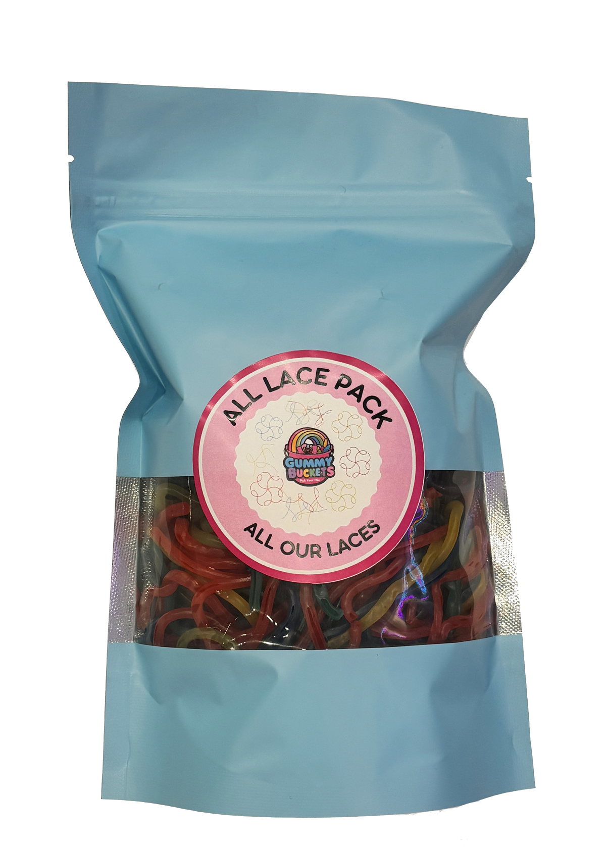A light blue resealable stand-up pouch with a clear window showing a colorful tangle of gummy lace candies in red, orange, yellow, green, and blue inside. A round pink label on the front reads 'ALL LACE PACK' and 'ALL OUR LACES' with the Gummy Buckets logo surrounded by illustrated lace candy icons in the center."