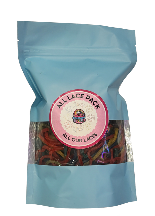 A light blue resealable stand-up pouch with a clear window showing a colorful tangle of gummy lace candies in red, orange, yellow, green, and blue inside. A round pink label on the front reads 'ALL LACE PACK' and 'ALL OUR LACES' with the Gummy Buckets logo surrounded by illustrated lace candy icons in the center."