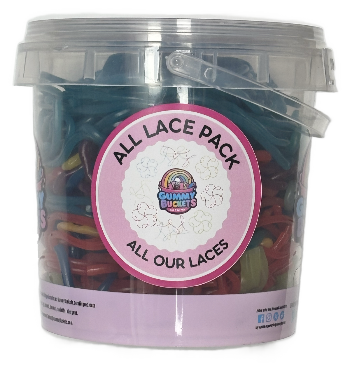 A clear plastic bucket filled with assorted colorful laces, featuring a pink circular label that reads 'ALL LACE PACK' and 'ALL OUR LACES' with the Gummy Buckets logo in the center.