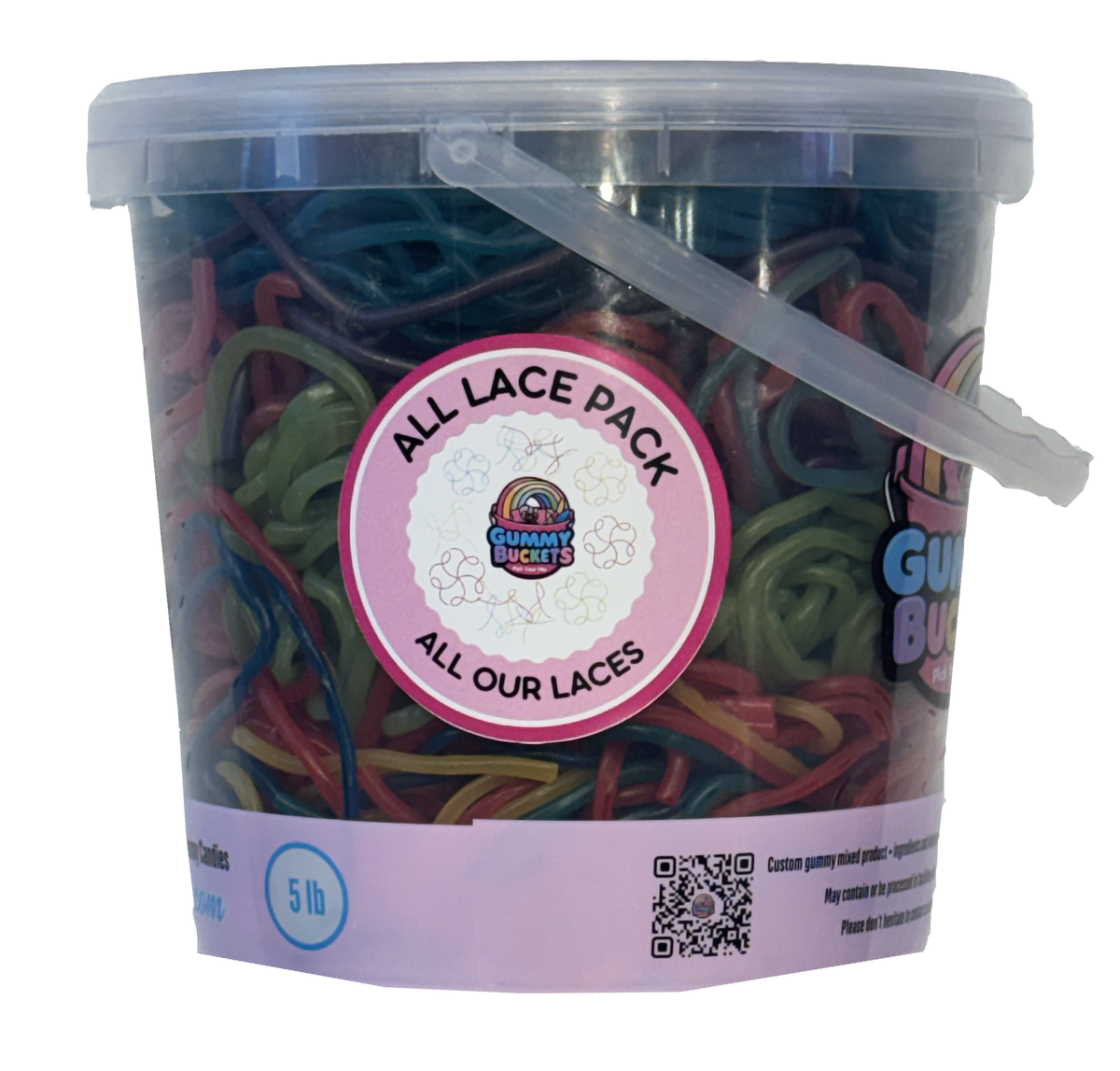 A 5 lb clear plastic bucket filled with multicolored rubber laces, featuring a pink and white circular label that reads 'ALL LACE PACK' and 'ALL OUR LACES' with the 'Company Baskets' logo. A clear plastic scoop is resting on top of the bucket.