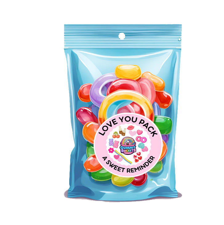 Packaged gummy candies with a 'Love You Pack' label on a white background
