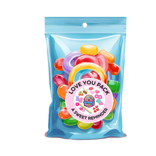 Packaged gummy candies with a 'Love You Pack' label on a white background