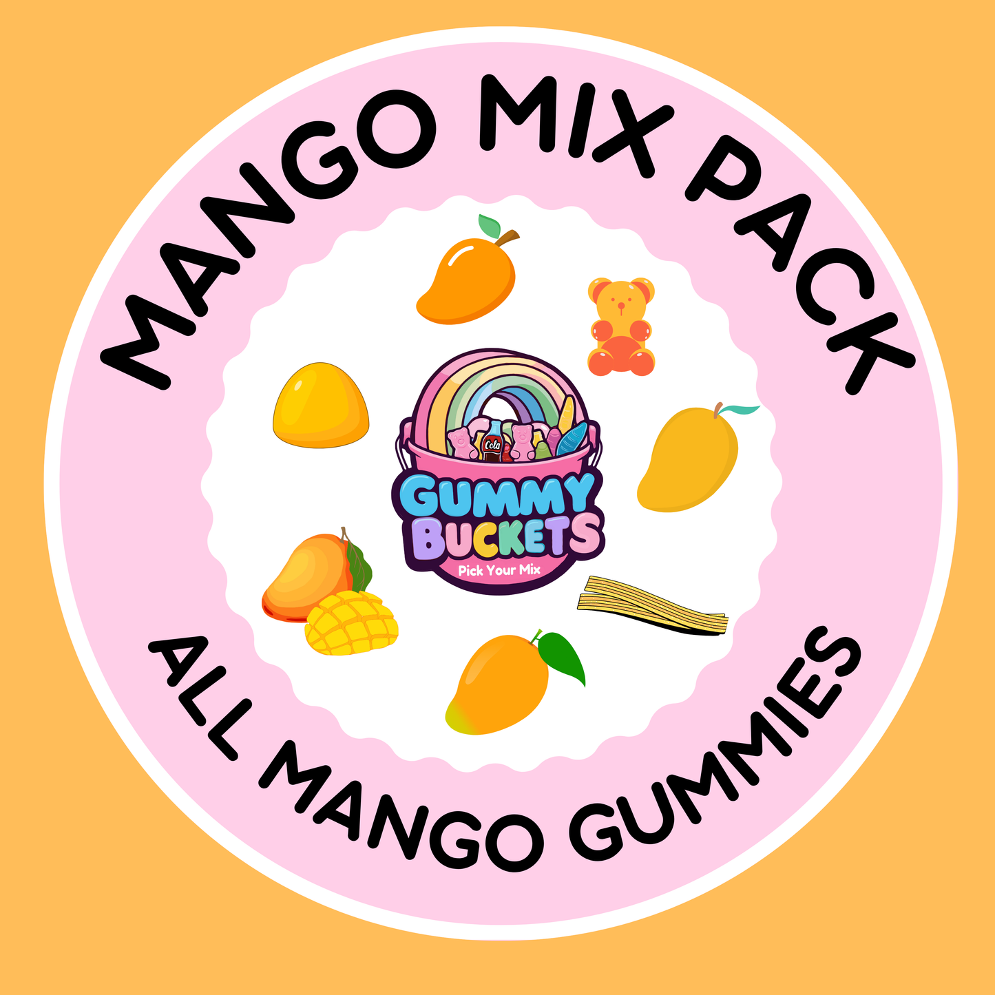 Mango mix pack label with 'Gummy Buckets' logo on a yellow background